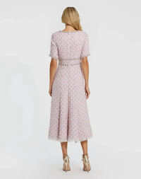 MAC DUGGAL Short Sleeve Beaded Trim Boucle Midi Dress in pink multi - women's dress - detail view