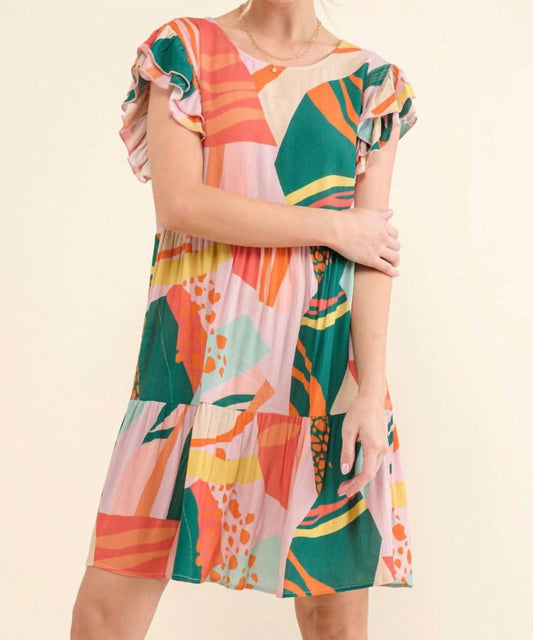 And The Why - Printed Double Ruffle Sleeve Dress