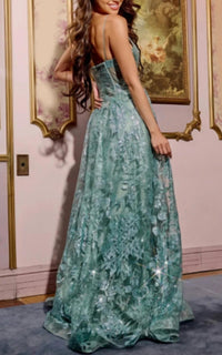 Jovani - Spaghetti Strap A-Line Gown with Embellished Bodice