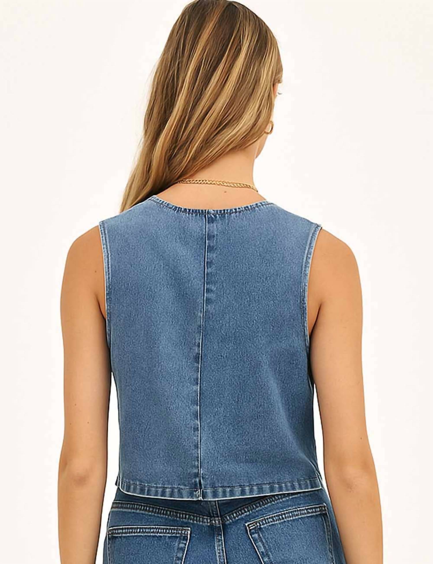 Sweetkama - Denim Solid V Neck Vest