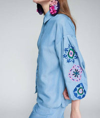 Vilagallo - Floral Embroidery Puffed Sleeve Lyocell Shirt