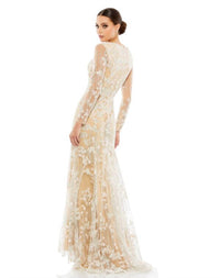 MAC DUGGAL Illusion Sleeves Floral Dress in ivory nude - women's dress - alternate view