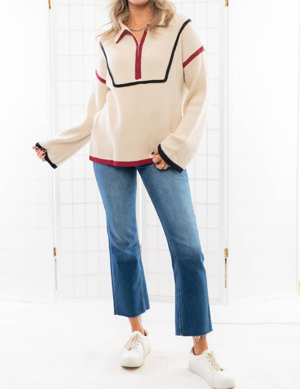 Lula The Label - Quarterback Keeper Contrast Quarter Zip Sweater