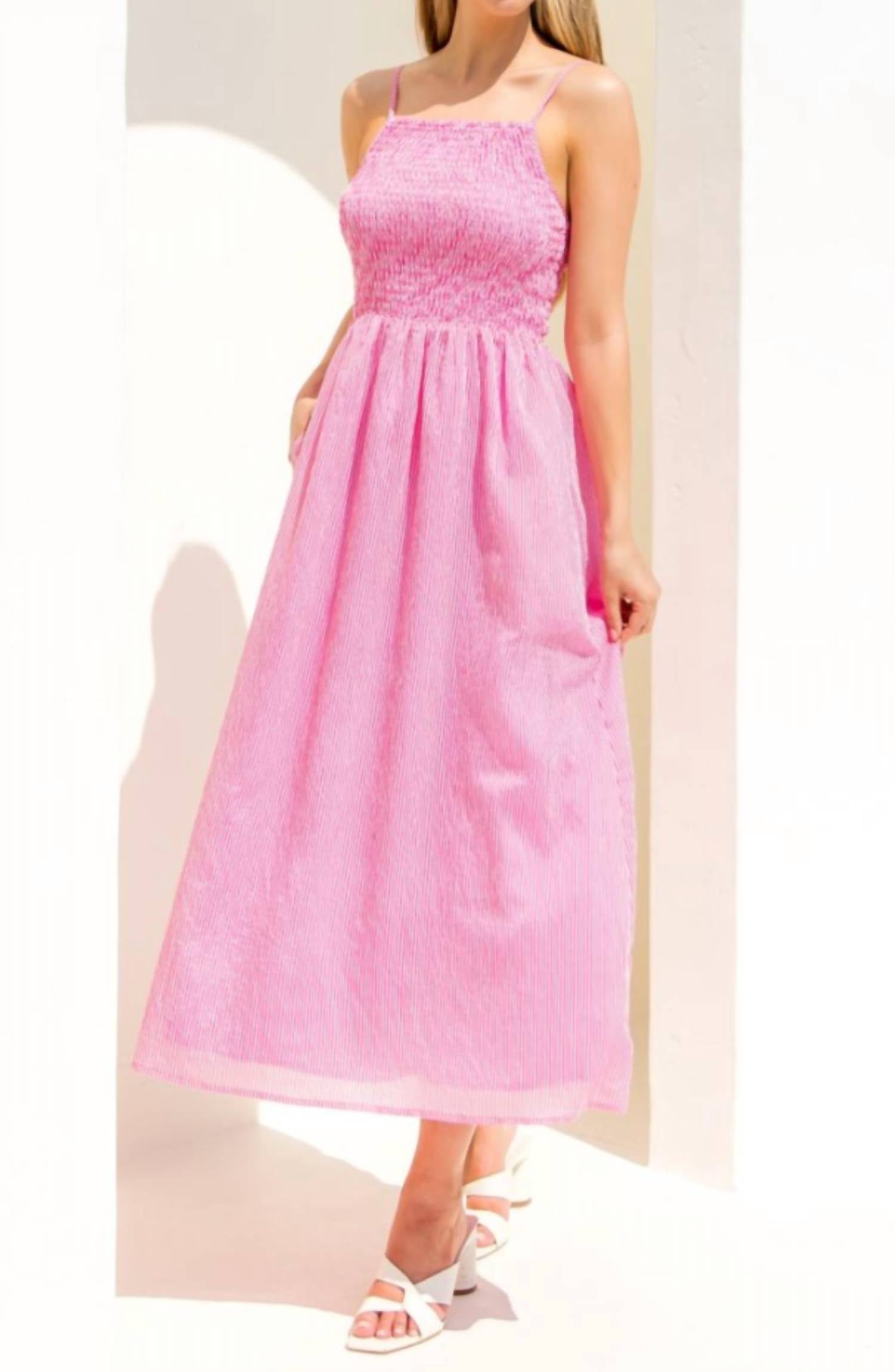 THML Smocked Striped Midi Dress in pink - women's dress - detail view