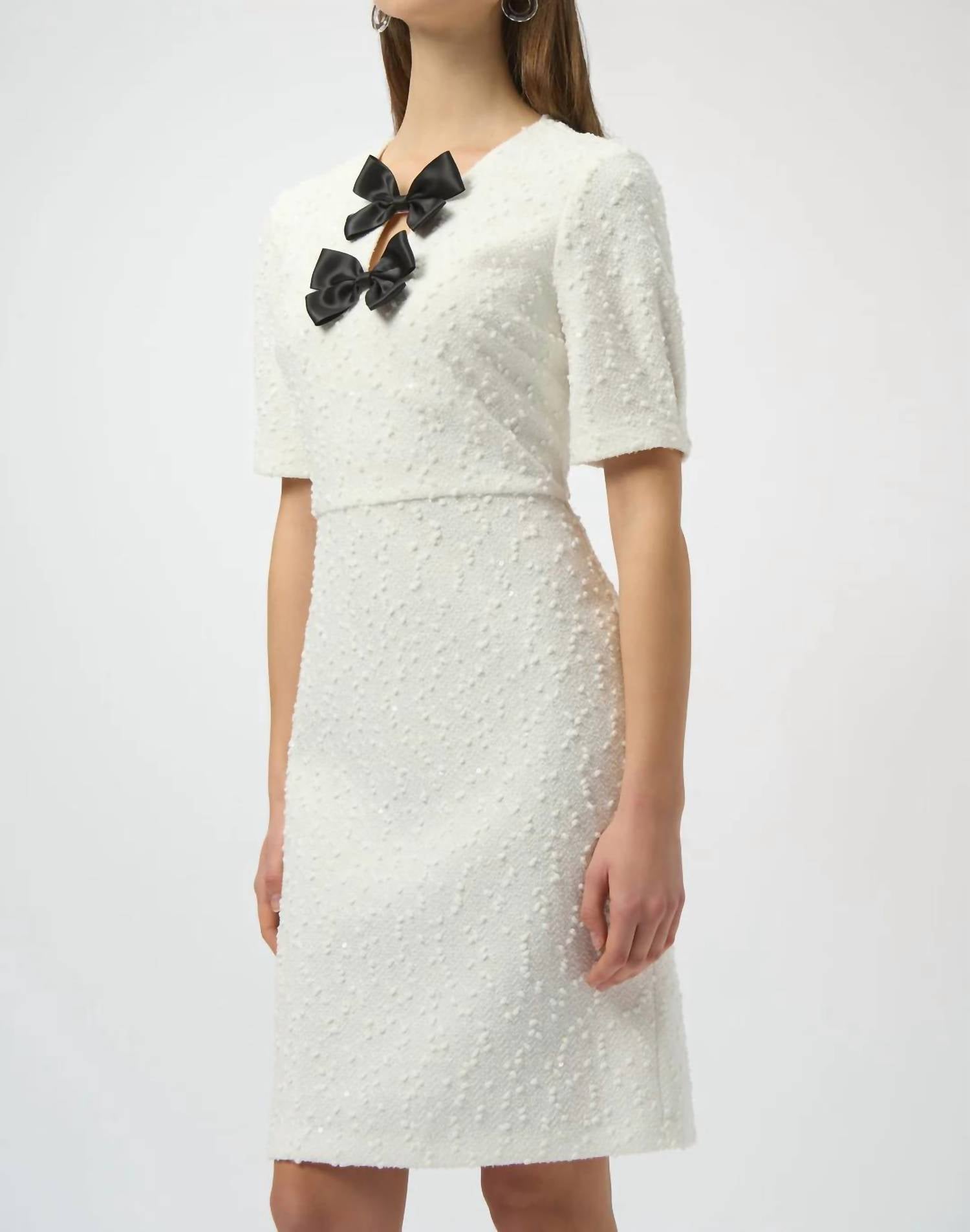 Joseph Ribkoff Bow Accent Short Sleeves Shift Dress in winter white - women's dress - view 4