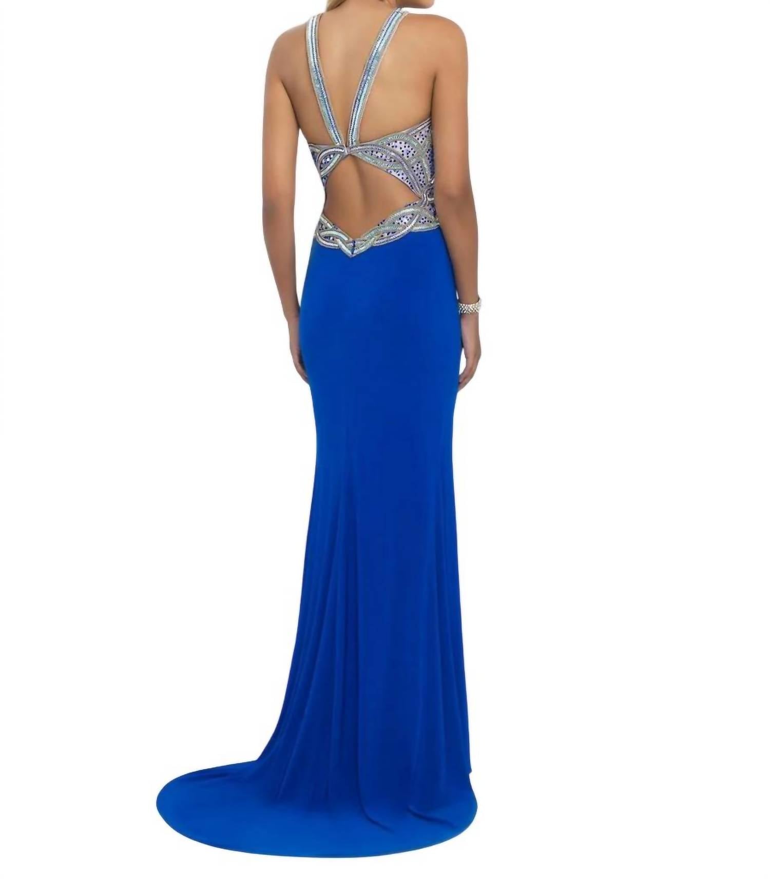 Blush Prom - Jeweled Halter Neck Jersey Gown