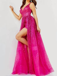 JOVANI Stardust Flowing Sequin Gown in fuchsia - women's dress - detail view