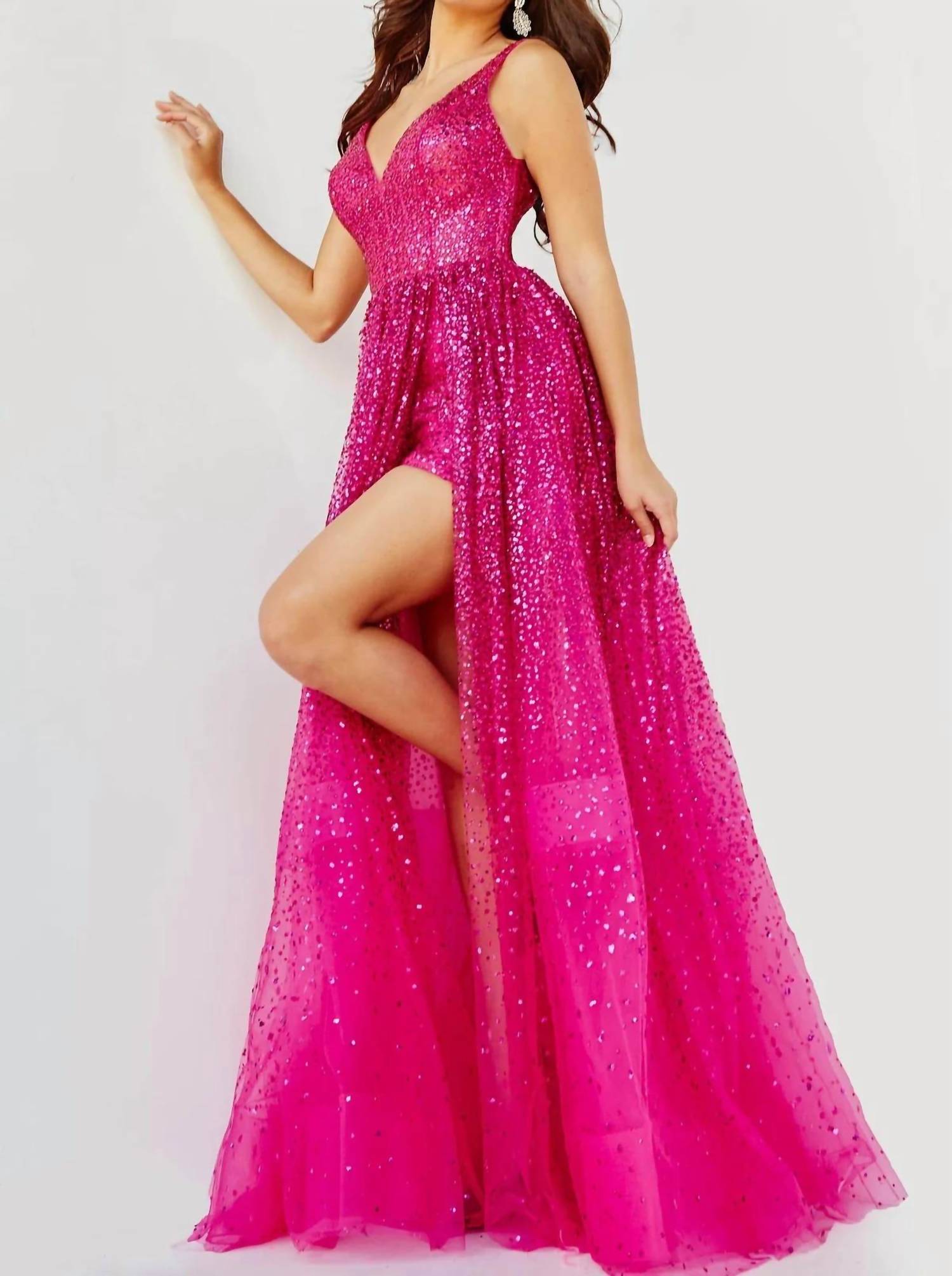 JOVANI Stardust Flowing Sequin Gown in fuchsia - women's dress - detail view