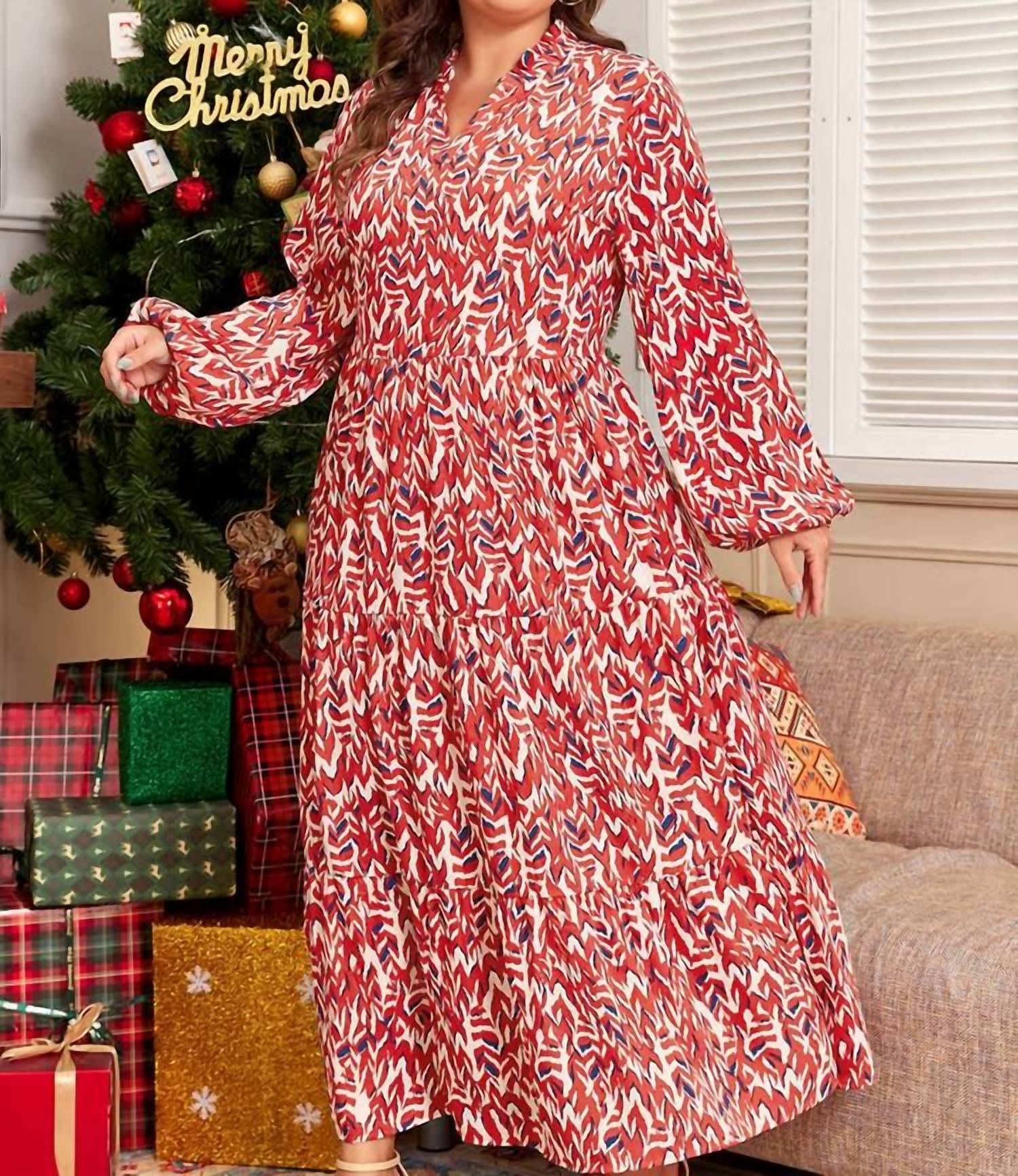 Lovesoft - Abstract Print V-neck High Waist Maxi Dress - Plus