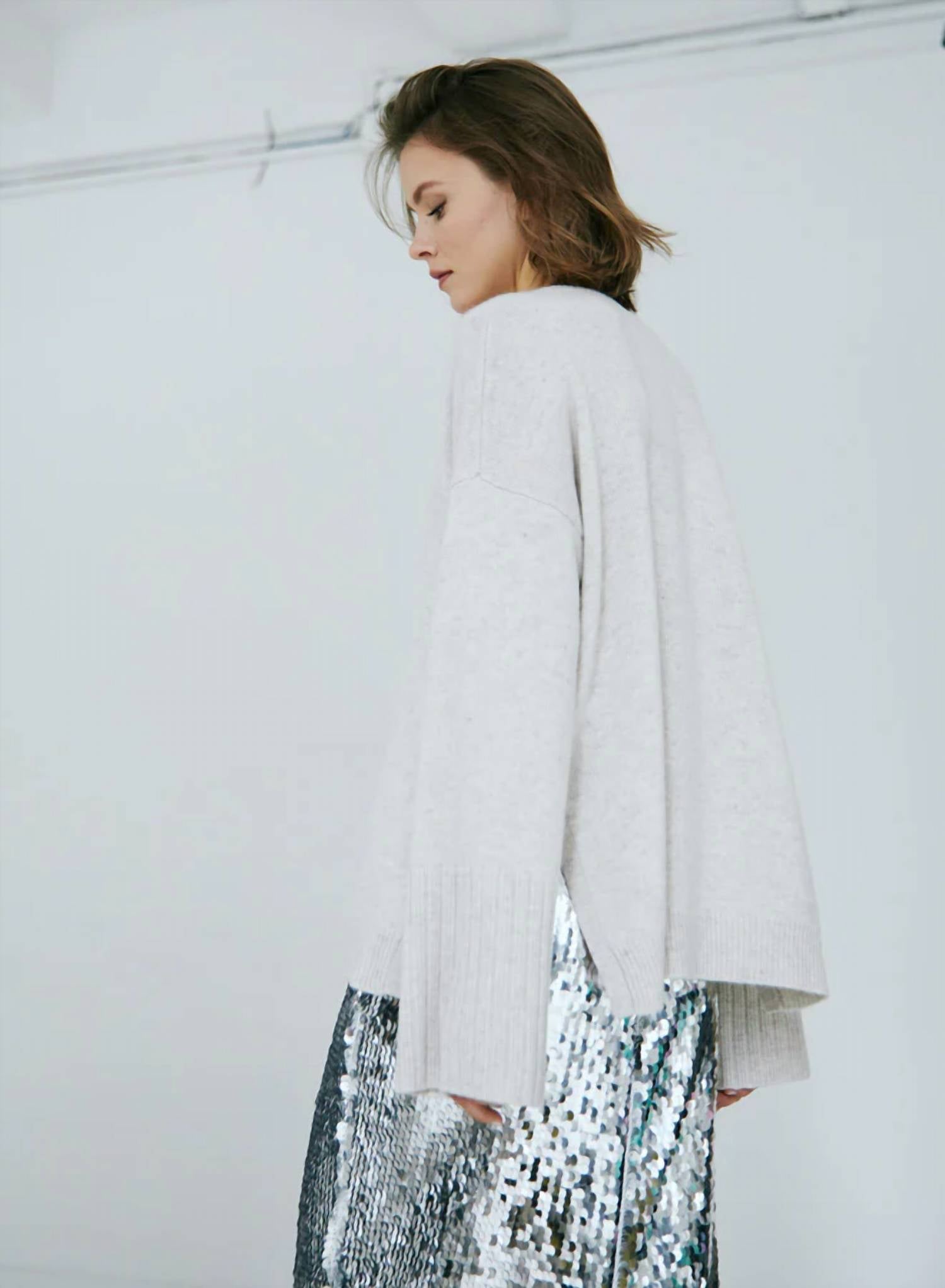 Autumn Cashmere Relaxed V Sweater with Side Slits in mojave - women's sweater - alternate view
