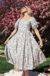 Hem & Thread - Fioretta Floral Cotton Midi Dress With Bubble Sleeves