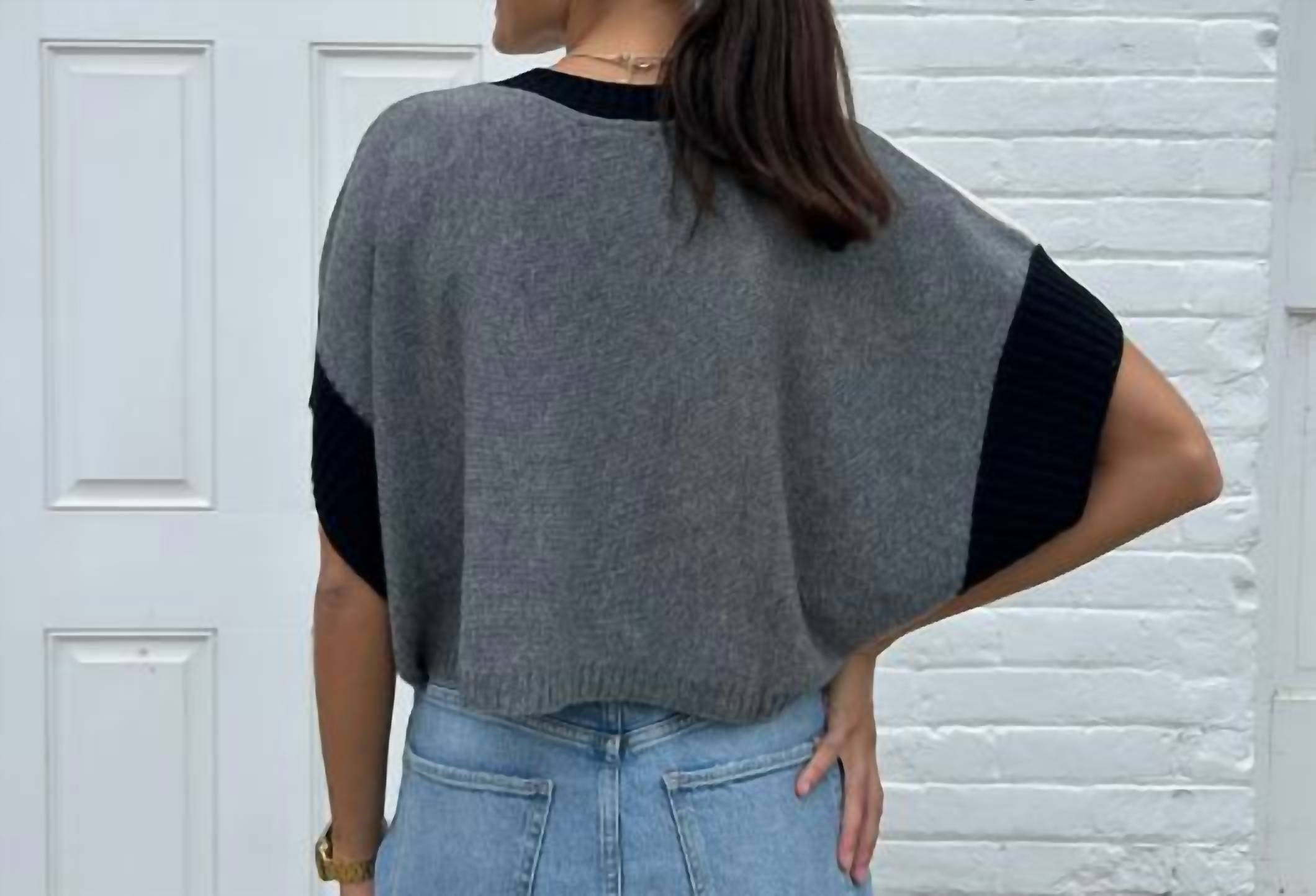 Tricot Chic Short Sleeve Crop Cape Sweater in black and grey - women's sweater - detail view