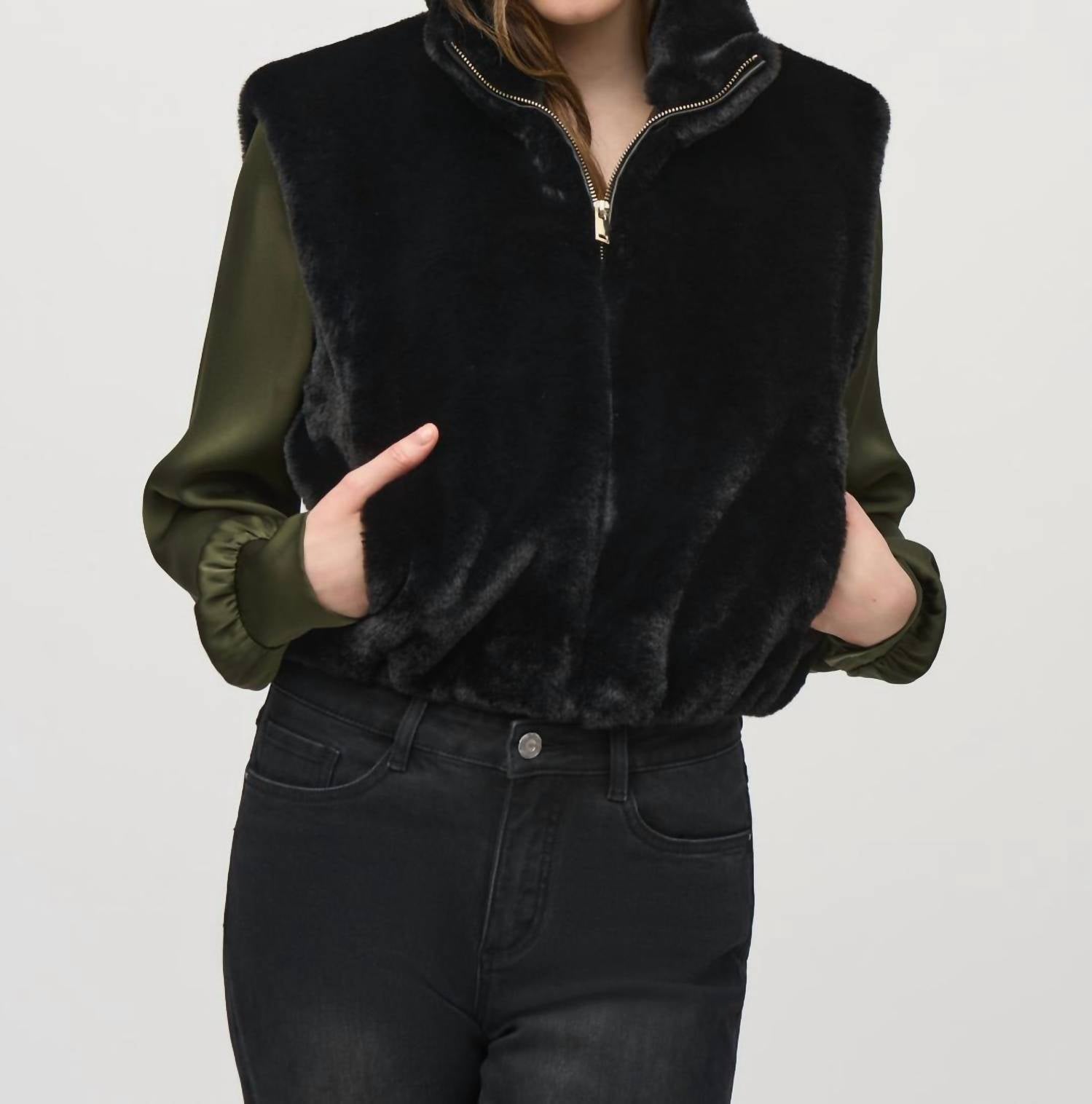 Joseph Ribkoff Faux Fur Crop Vest in black - women's jacket