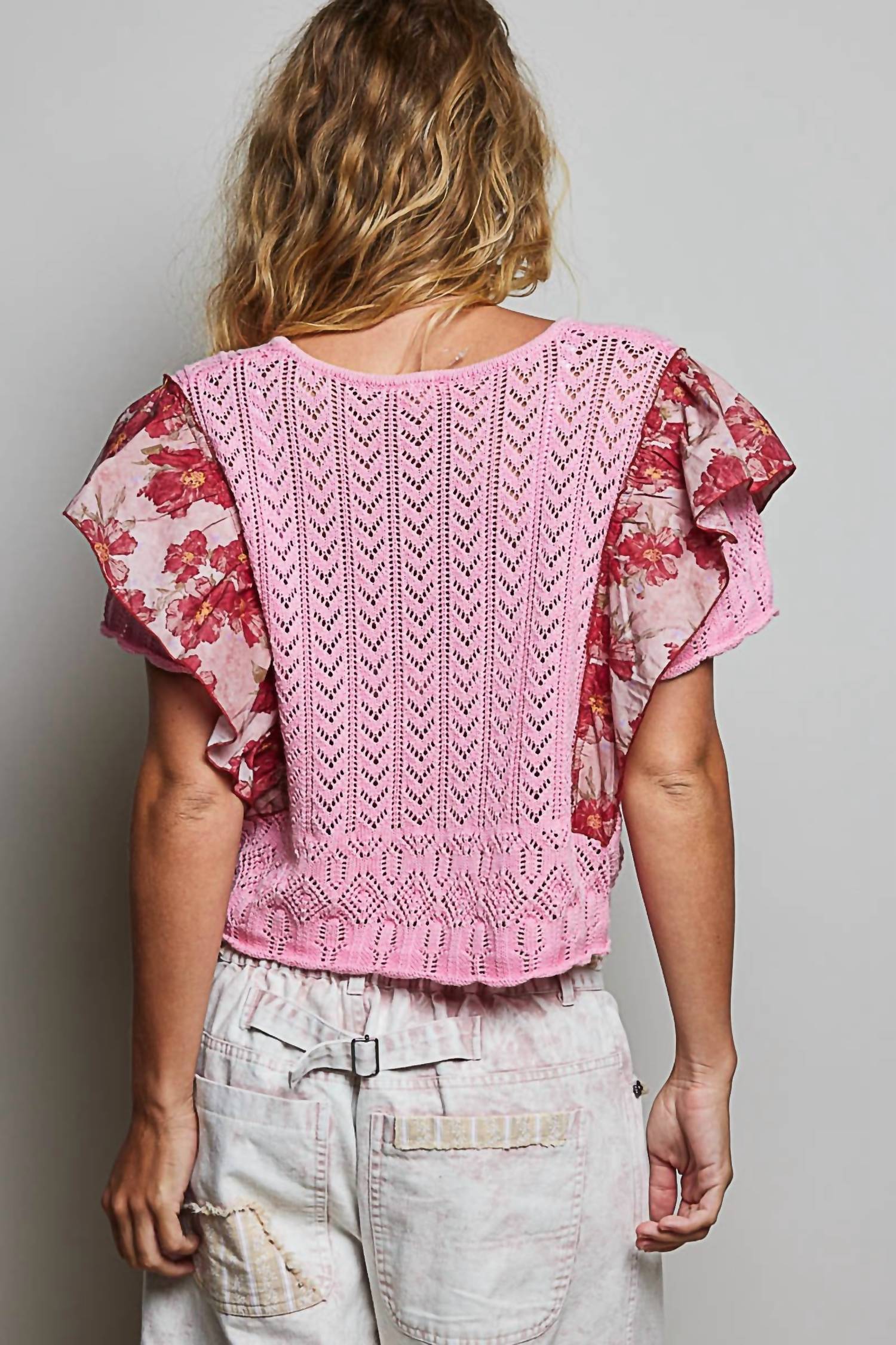 Pol - Jessica Pointelle Knit Swing Patchwork Sweater Top