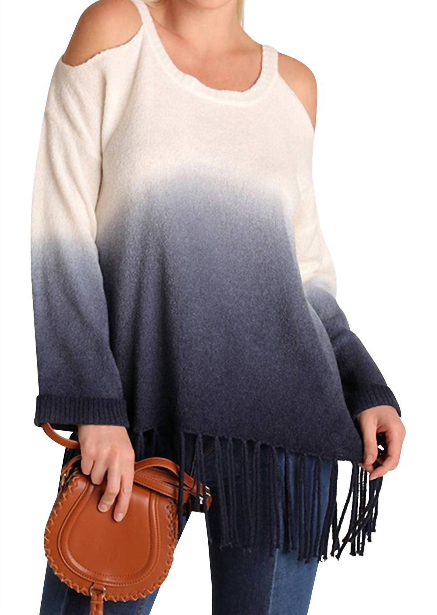 Umgee - Ombre Cold Shoulder Fringe Sweater
