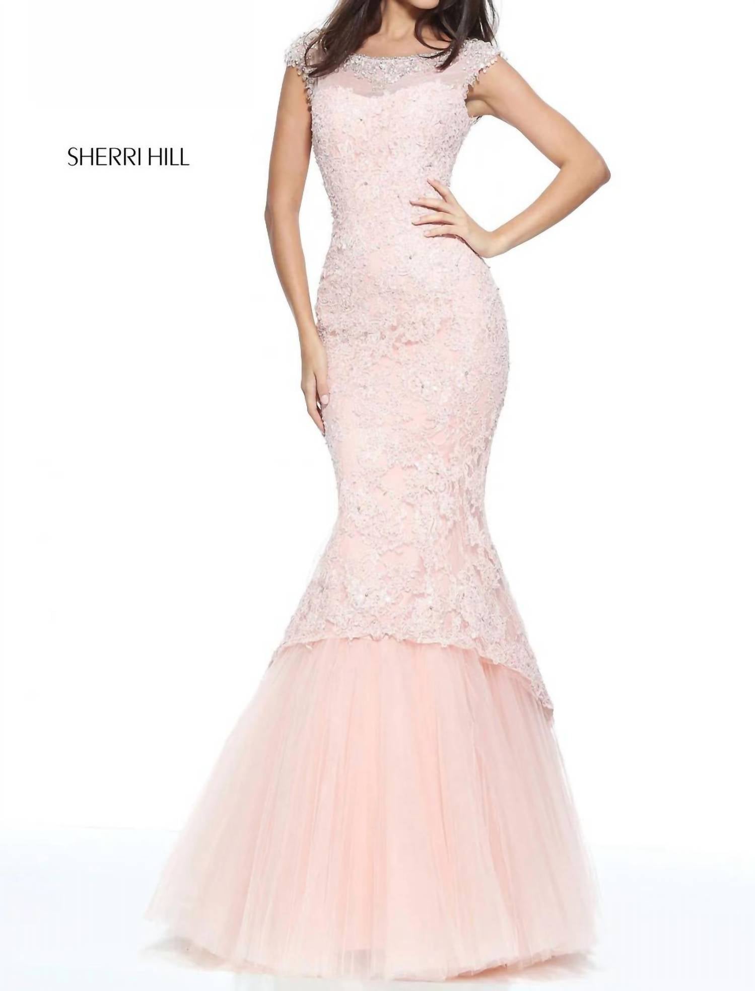 Sherri Hill Women's Beaded Lace Mermaid Gown in blush - women's dress