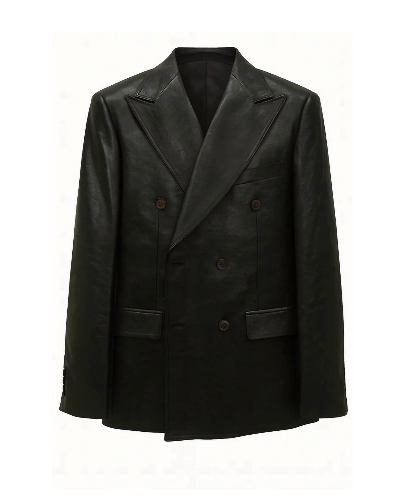 Cigar Men's Double Breasted Leather Feel Suit 2 Piece Set in black - men's jacket