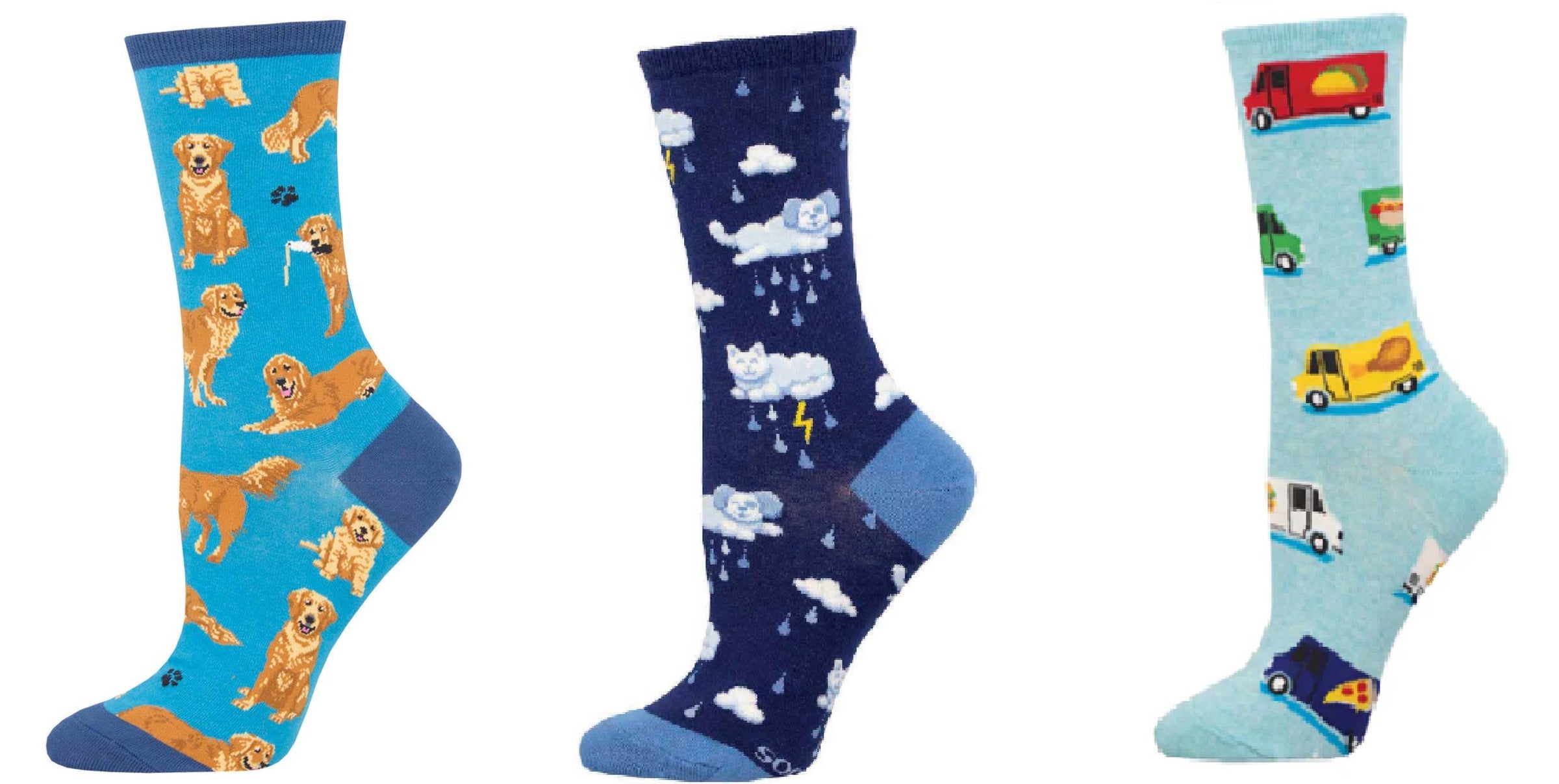 SOCKSMITH Women's Golden Retrievers & Raining Cats And Dogs & Food Truck Socks - Set Of 3 Pair in multi - women's accessory