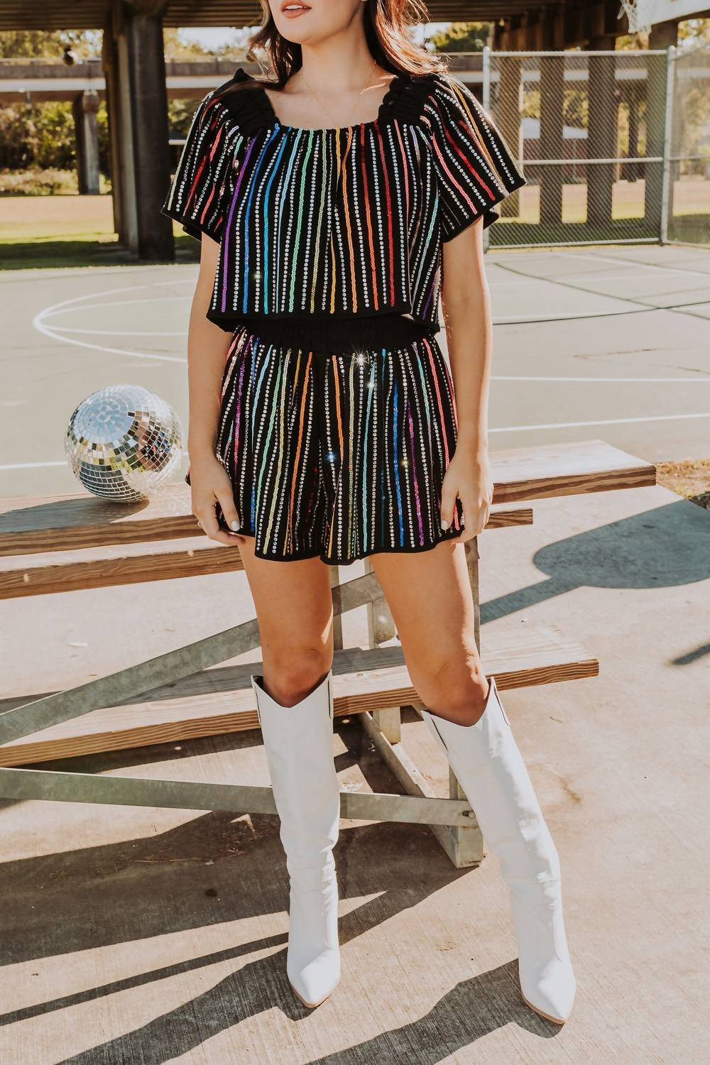 Queen Of Sparkles - SEQUIN RHINESTONE STRIPE FLUTTER TOP