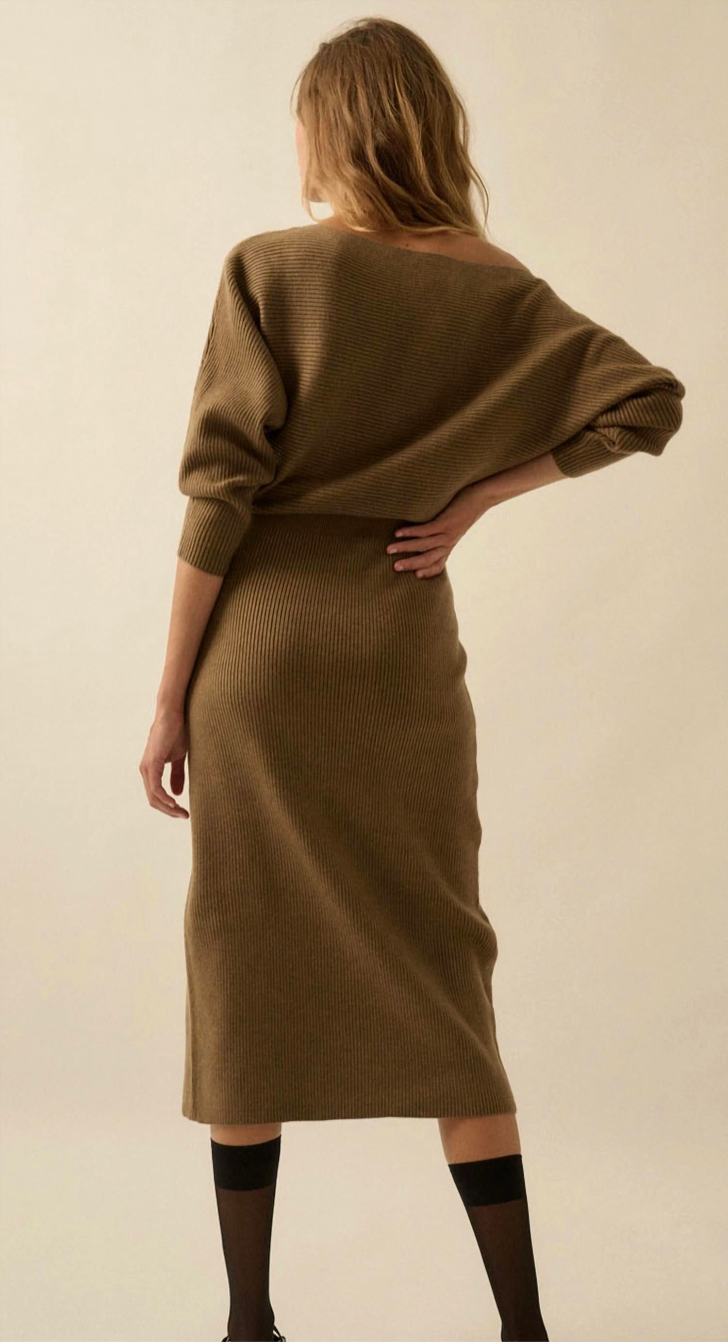 PROMESA Rib-Knit One-Shoulder Dolman Midi Sweater Dress in olive brown - women's dress - alternate view