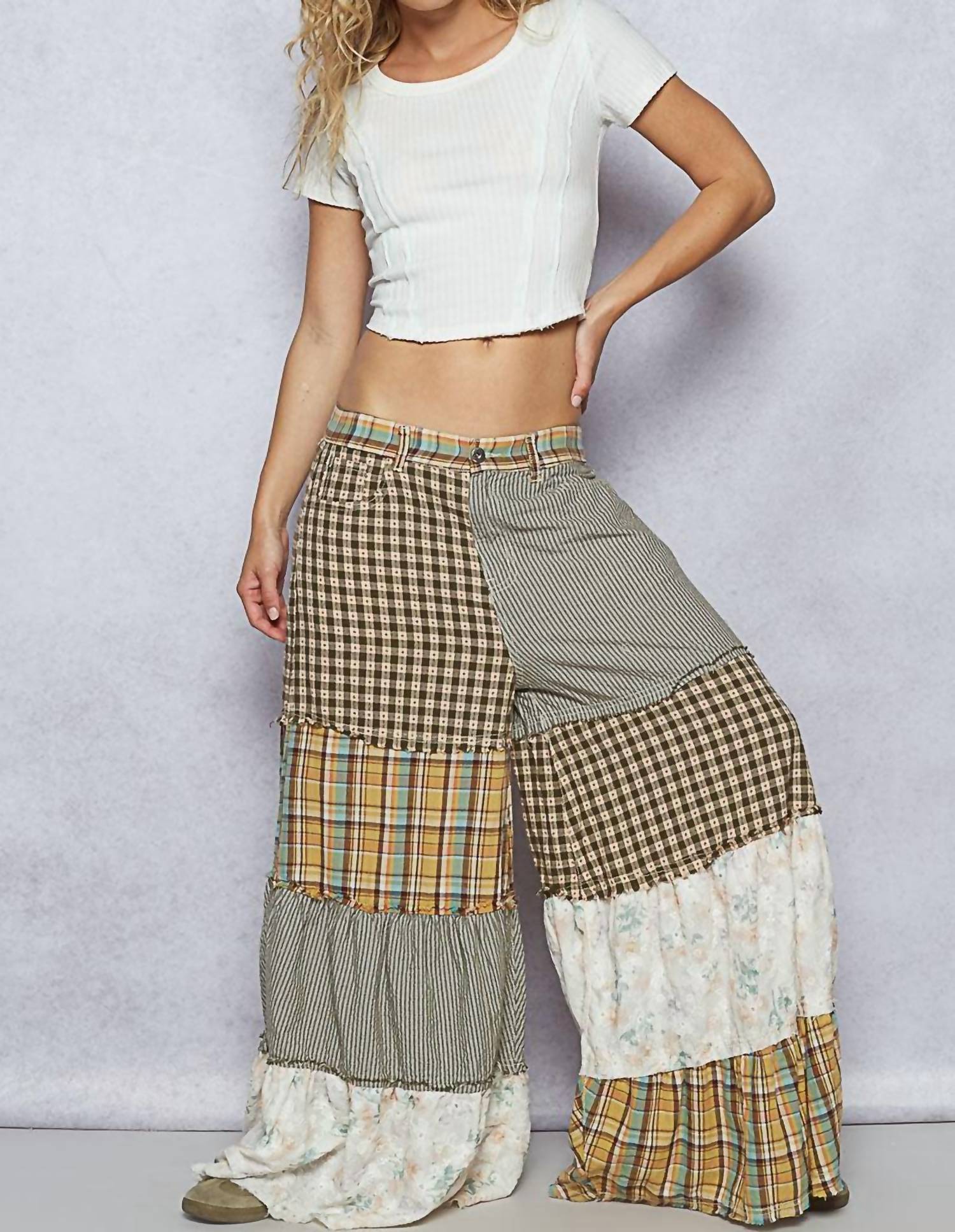 POL Printed Patchwork Textured Palazzo Bottom in olive green - women's pants - alternate view
