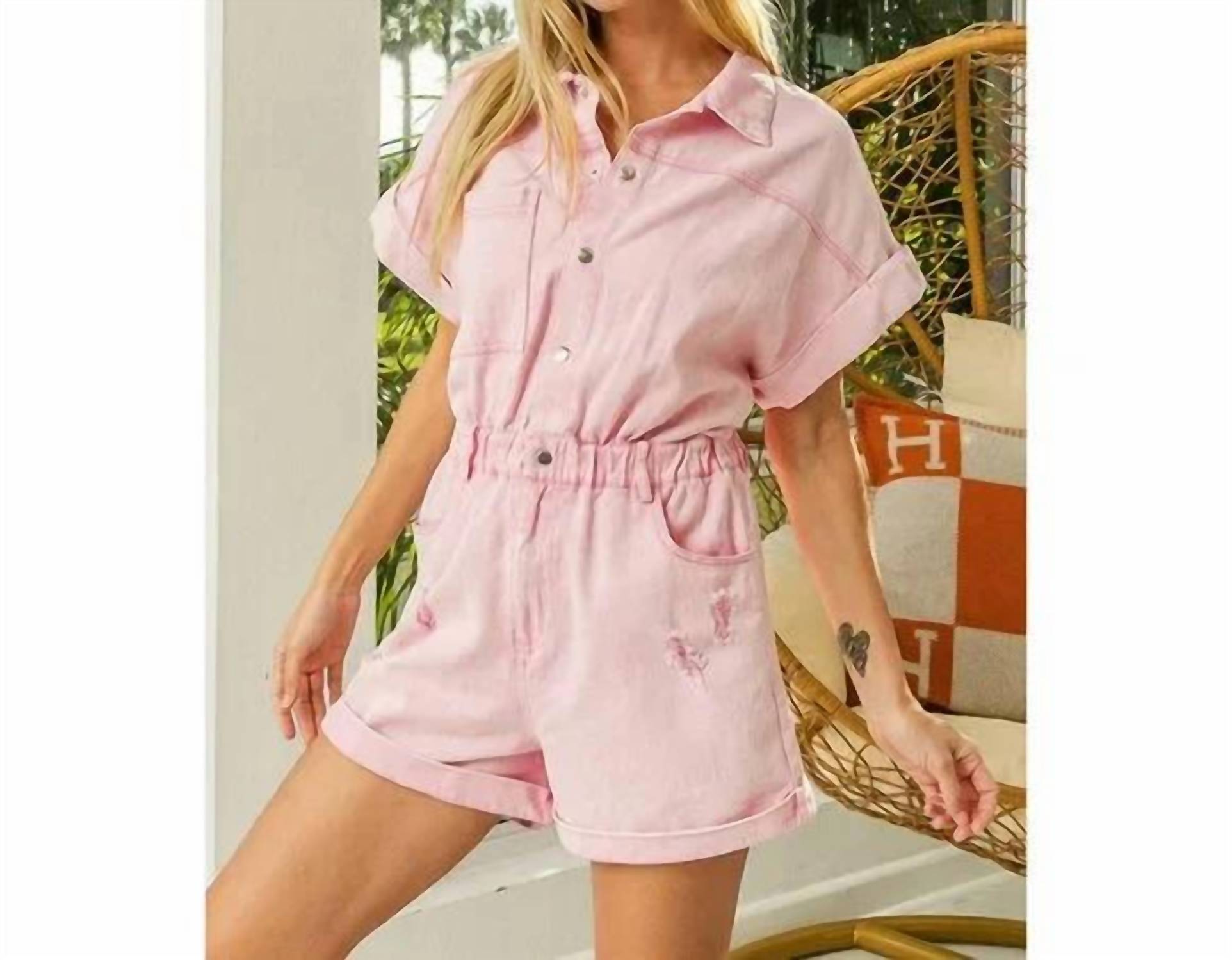 BiBi Vintage Vibes Distressed Romper in pink - women's pants - detail view