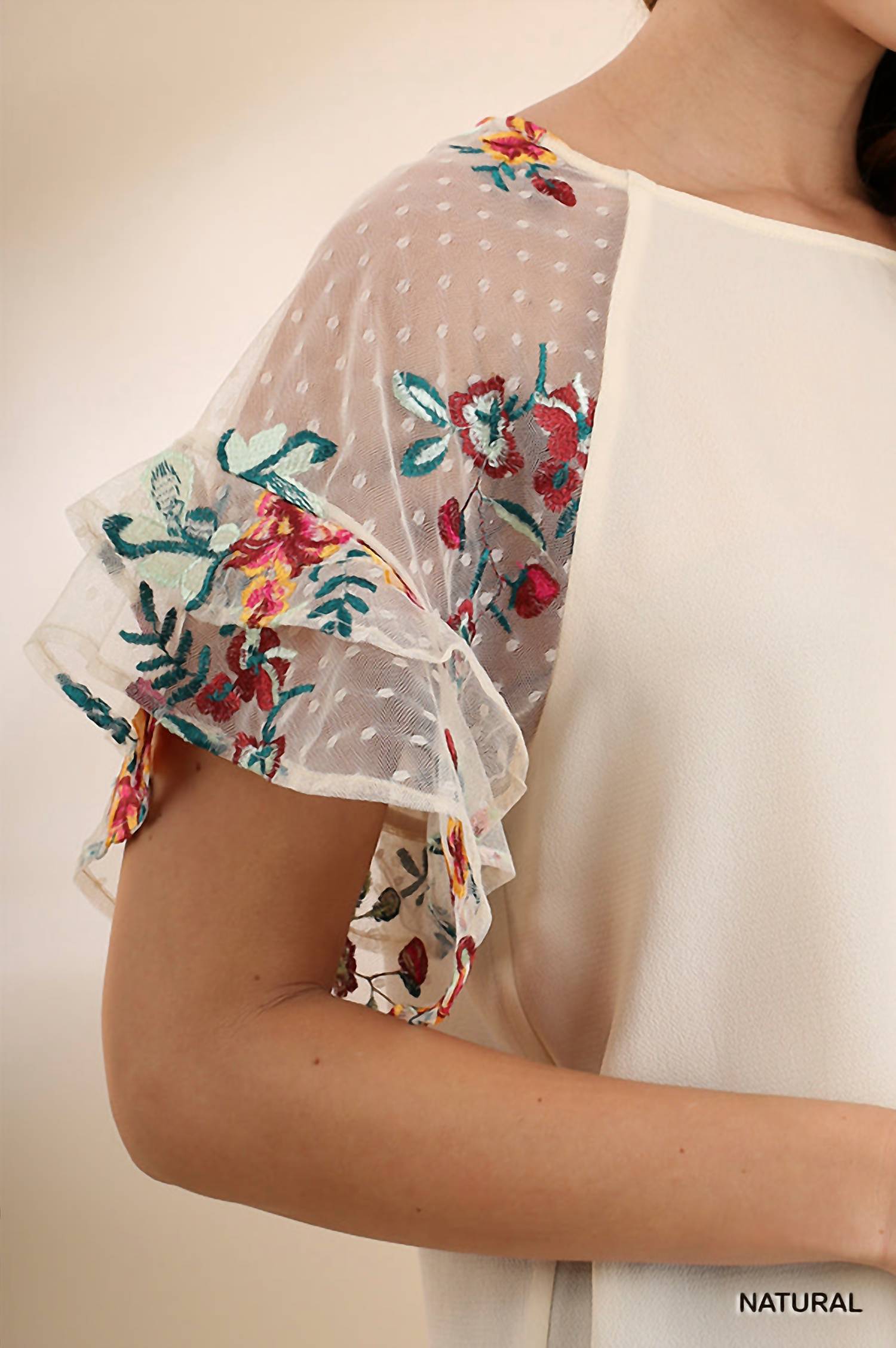 Umgee - Floral Embroidered Layered & Ruffled Sleeve Top