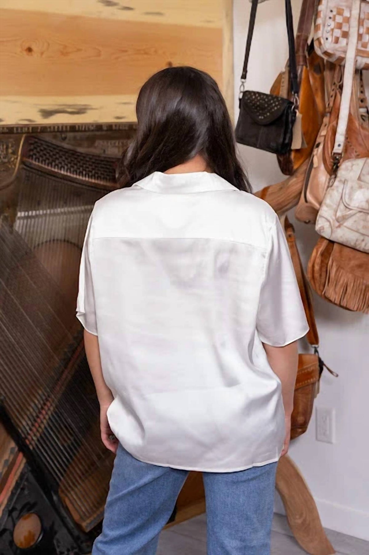 Ee:Some - Satin Button Up Short Sleeve Blouse