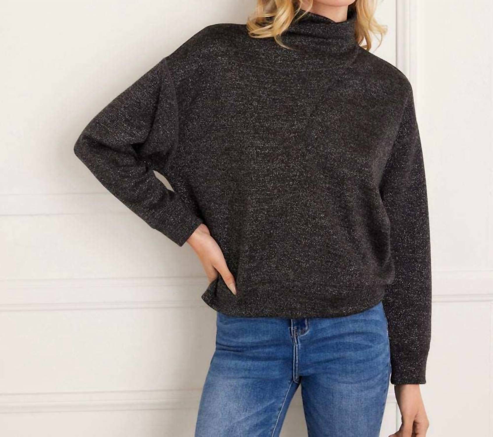 Karen Kane Long Sleeve Faux Wrap Turtleneck Top - Petite in black with silver - women's sweater - detail view