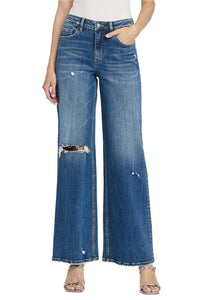 Flying Monkey - High Rise Distressed Wide Leg Jeans With Knee Slit