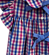 bella bliss Girls' Toulouse Bow Blouse in pink blue plaid - kids' blouse - detail view
