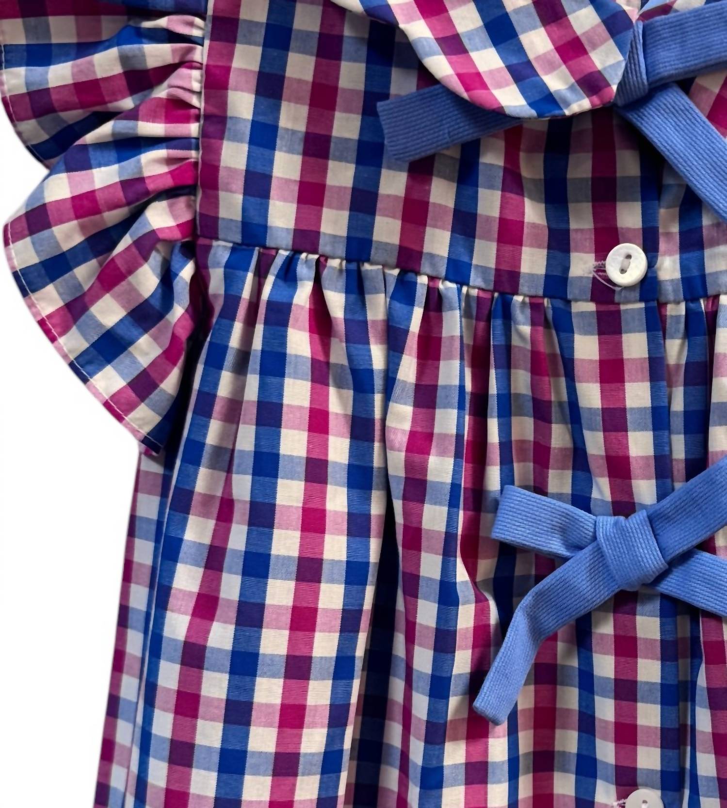 bella bliss Girls' Toulouse Bow Blouse in pink blue plaid - kids' blouse - detail view