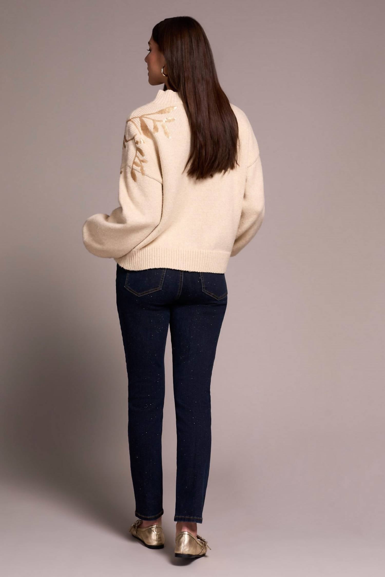 Tribal - Sequin Floral Applique Mock Neck Sweater