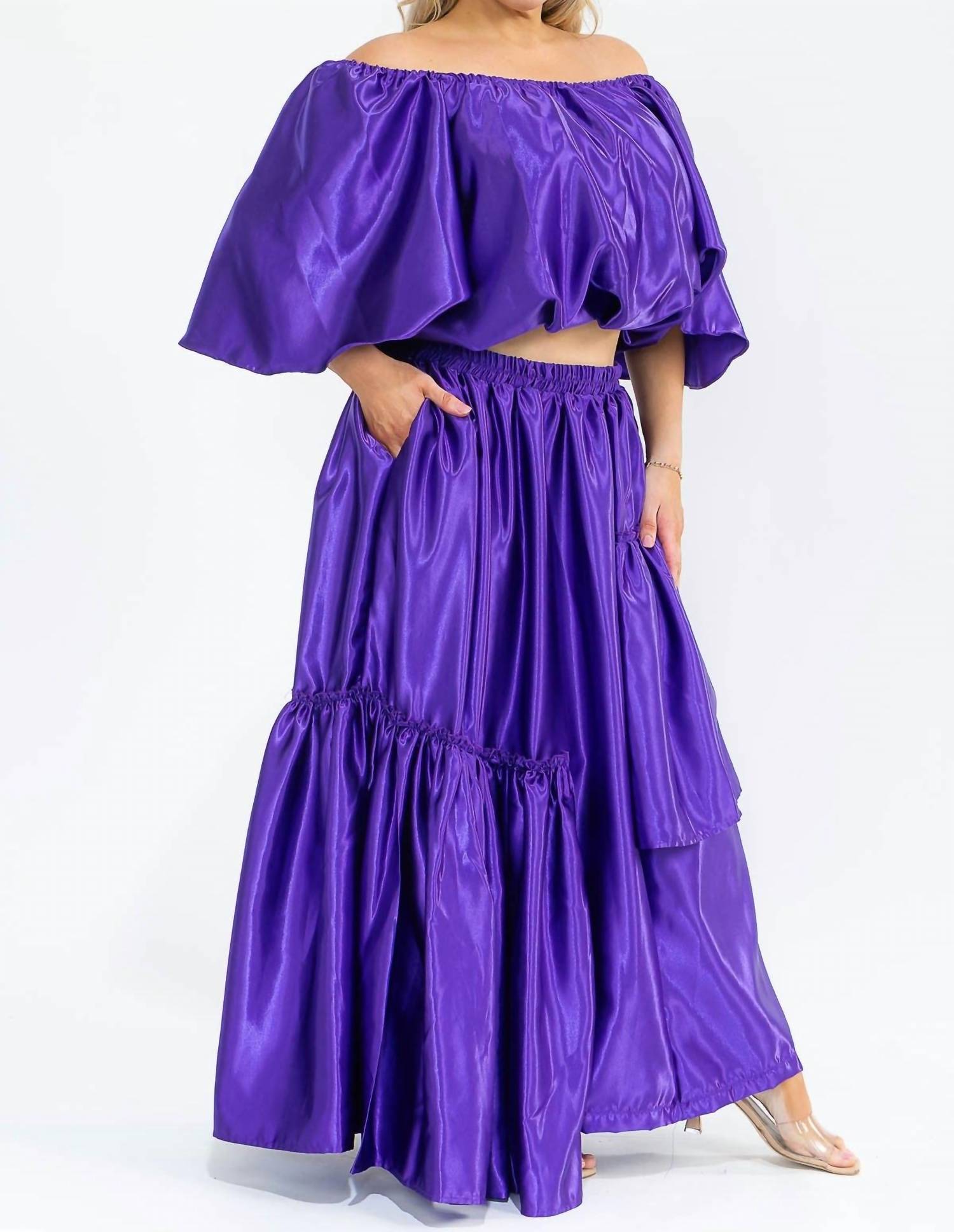 Karen T Design - Off Shoulders Crop Top And Asymmetric Ruffled Skirt Set