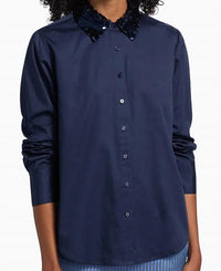 Derek Lam 10 Crosby Alina Sequin Collar Cotton Sateen Shirt in blue - women's long sleeve top