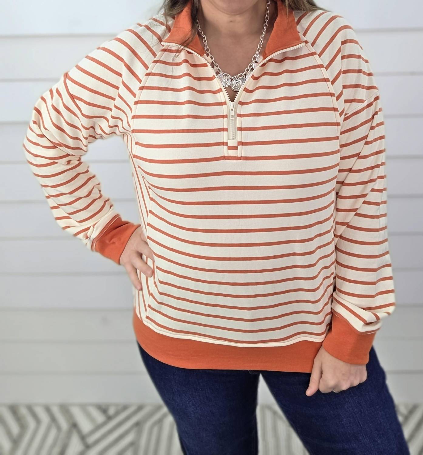 STACCATO Striped French Terry Quarter Zip in tangerine - women's long sleeve top - view 4