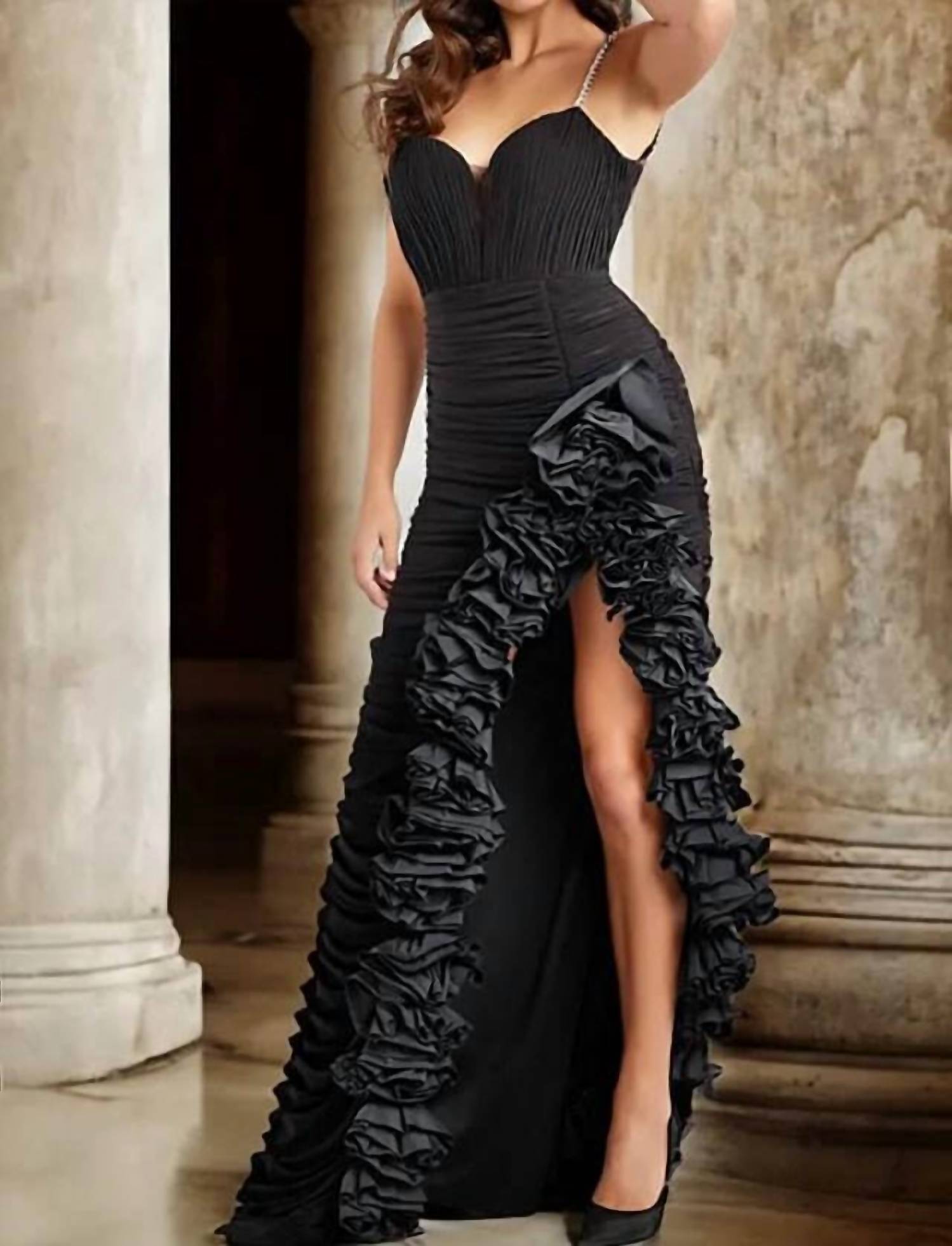 Jovani - Ruffled Slit Beaded Gown