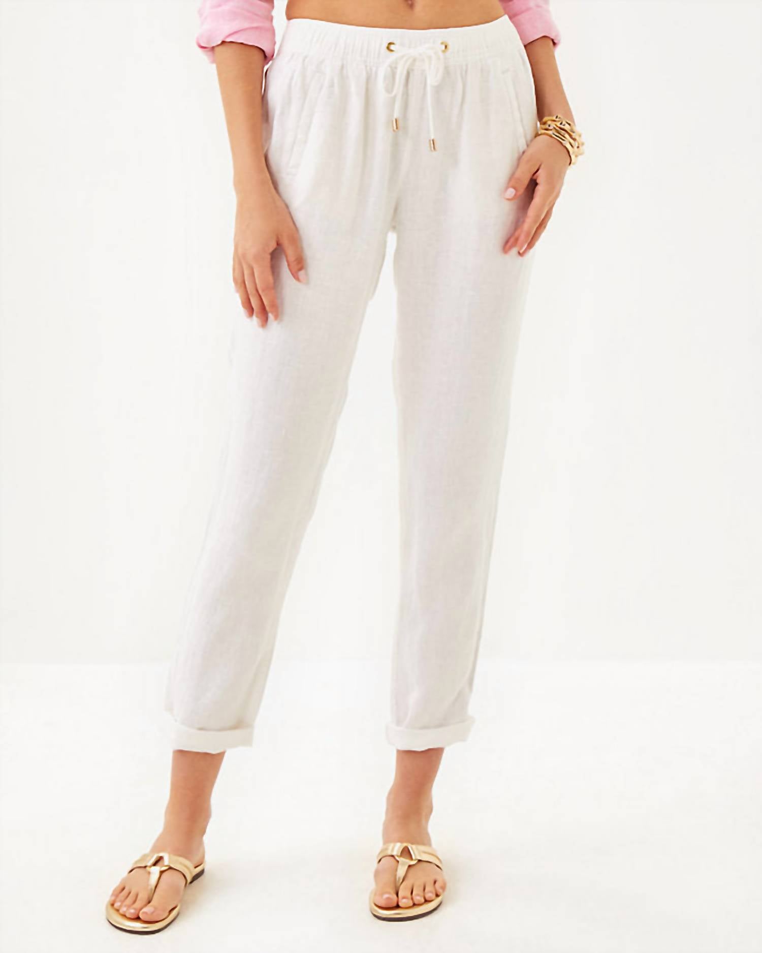 Lilly Pulitzer Taron Mid Rise Linen Pants in resort white - women's pants