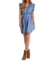 Elan - Belted Cotton Ruffle Trim Dress