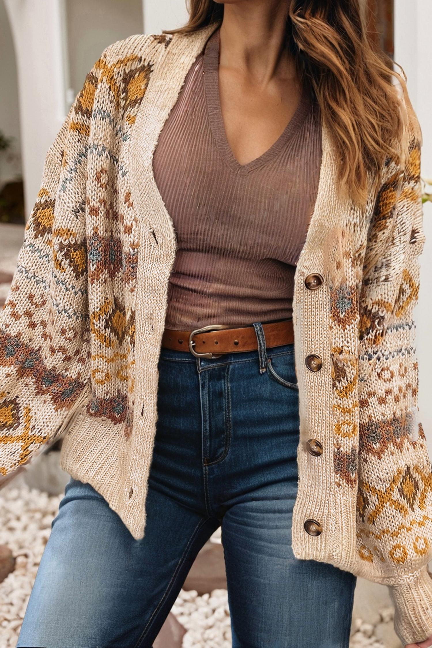 Little Daisy Closet - Western Pattern Knitted Button V Neck Cardigan Sweater