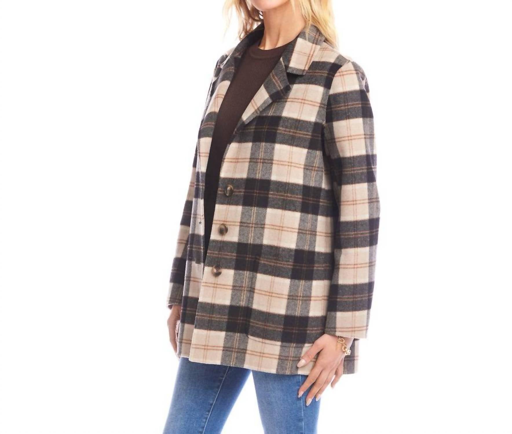 Karen Kane Oversized Brushed Blazer in plaid - women's jacket - detail view