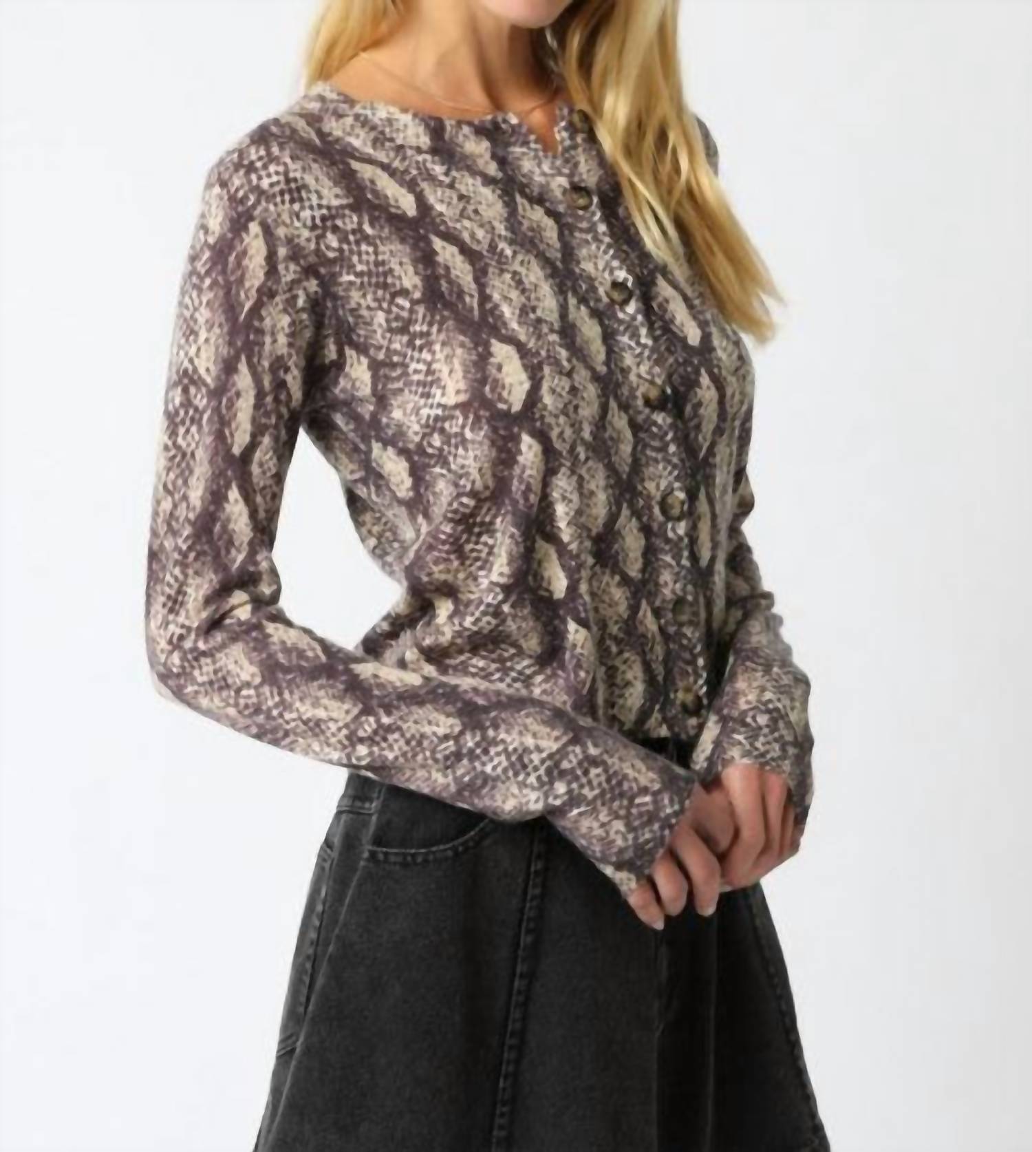 OLIVACEOUS Rhodes Python Knit Cardigan in snake - women's sweater - detail view