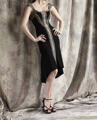 Theia - Scoop Neck Mixed Bead Trim Detail High Low Crepe Dress