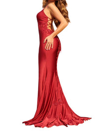 Faviana - V-neck Lace Up Back Long Dress