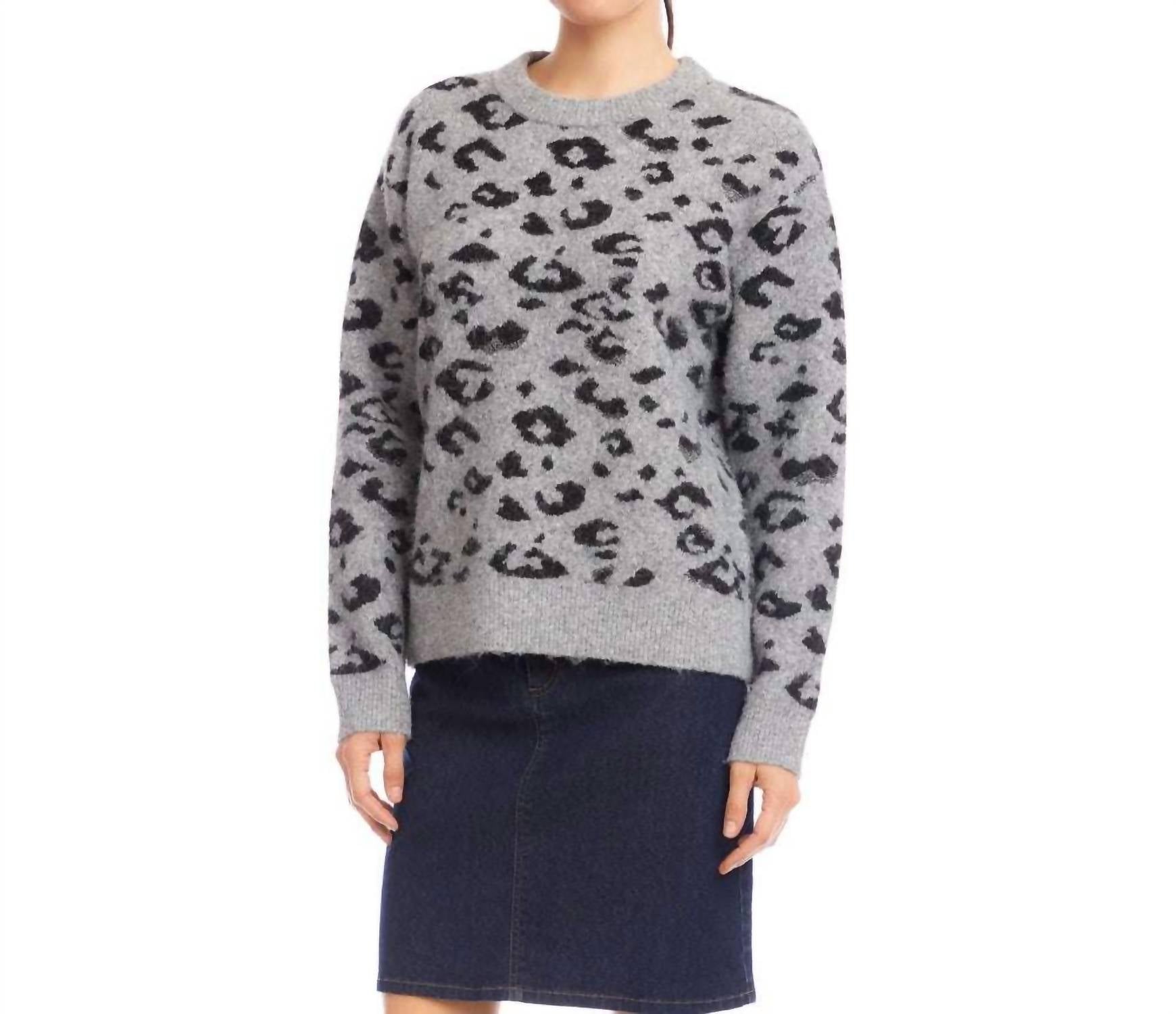 Karen Kane Metallic Animal Print Crewneck Sweater in gray with black - women's sweater - detail view