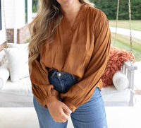GLAM Color Metallic Long Sleeve Blouse in caramel - women's blouse