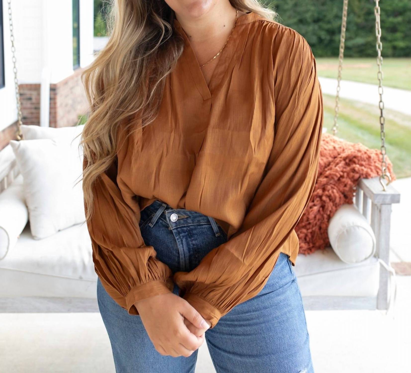 GLAM Color Metallic Long Sleeve Blouse in caramel - women's blouse