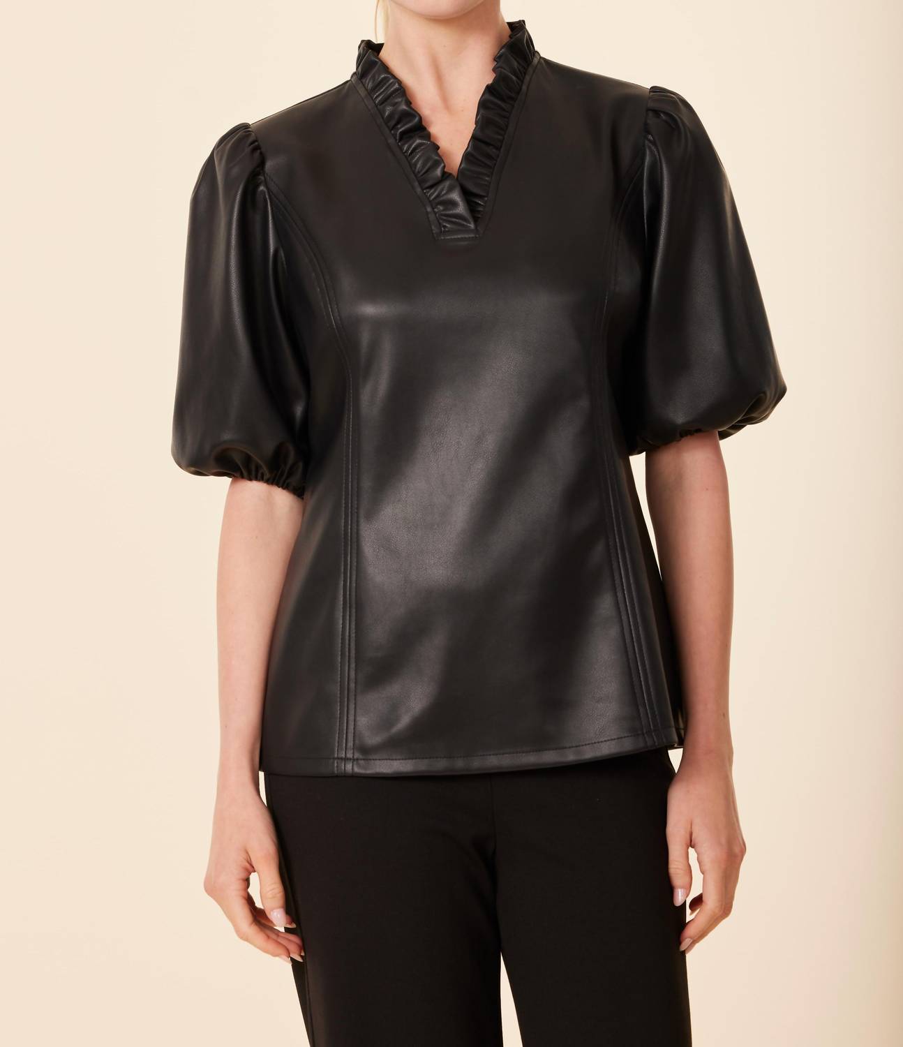 Dolce Cabo - Faux Leather Ruffle Neck Top