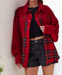 Jade By Jane - Frayed Corduroy Plaid Collared Jacket