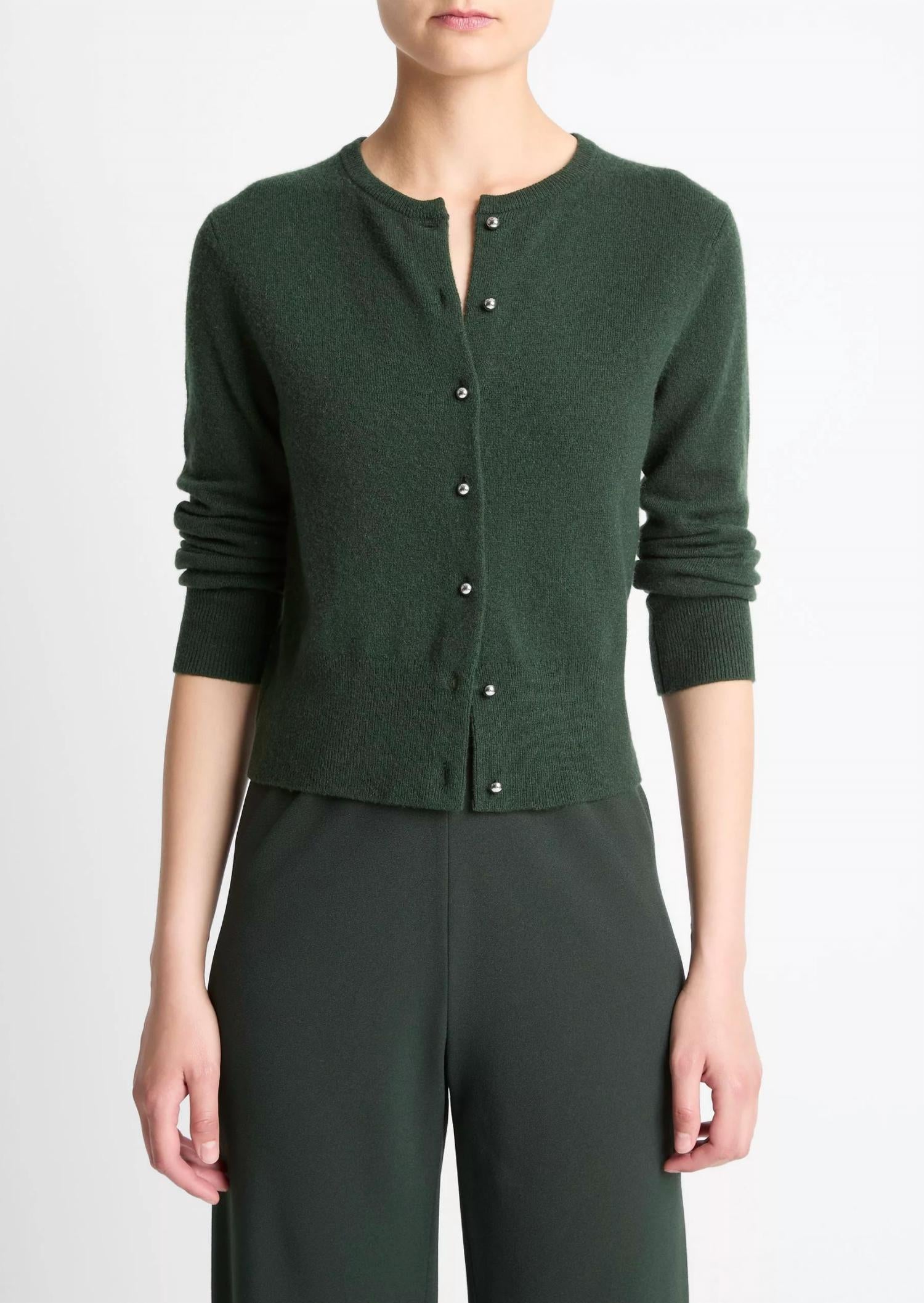 Vince Metal Button Cardigan in forest - women's cardigan